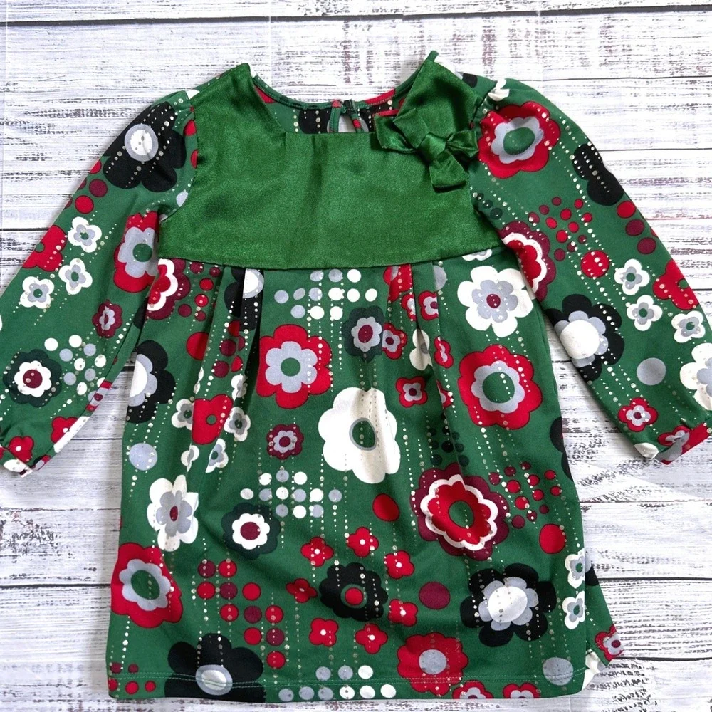 The Childrens Place Floral Dress Kids Green Satin Bow Metallic‎ 24 Months